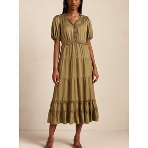 BOHME Womens green satiny tiered long ruffled midi dress sz S prairie cottage